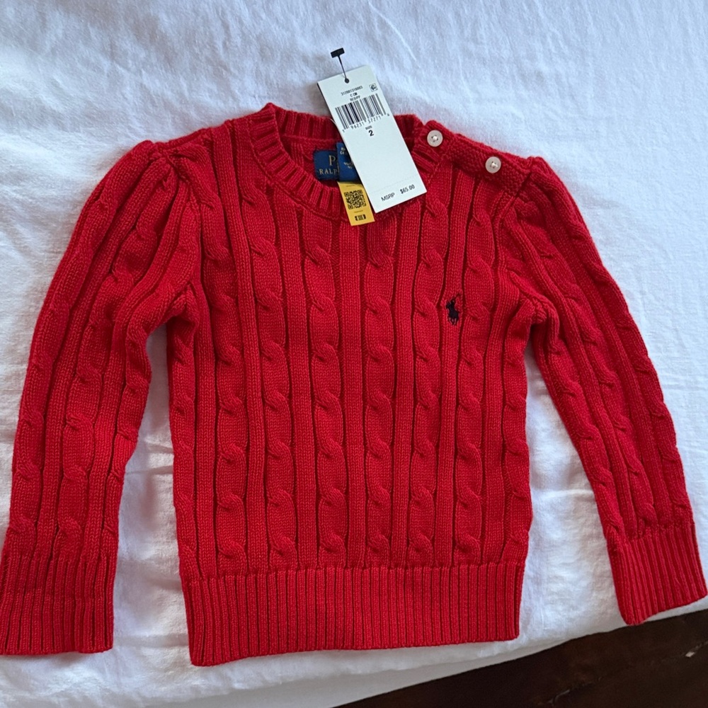 Polo by Ralph Lauren Red Cable Knit Sweater 2T NWT Pony Americana 🇺🇸 flag red